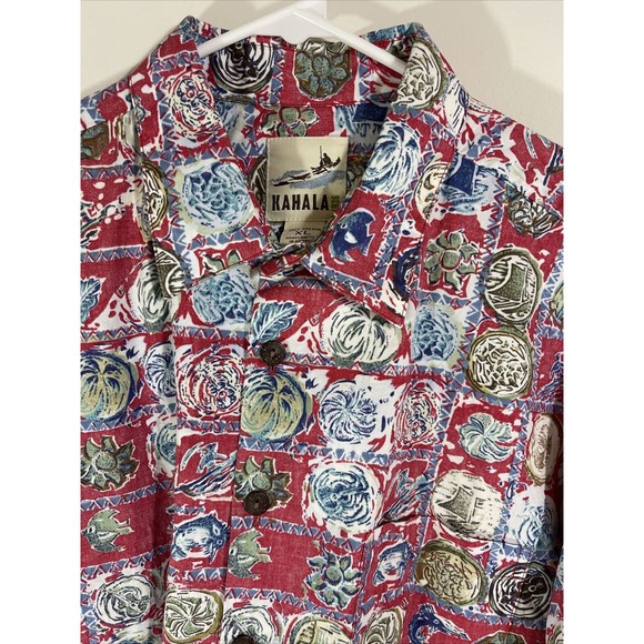 KAHALA Men’s Hawaiian 100% Cotton Shirt Reverse Print Red White Blue XL - Picture 2 of 5